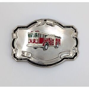 VTG Fire Truck Belt Buckle Silver Tone Red White Enamel Firefighter Blank Scroll